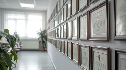 Wall of Achievement: A Gallery of Framed Certificates in an Office Corridor
