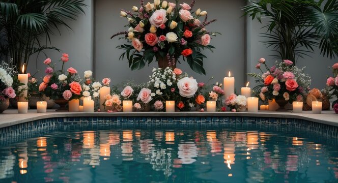 Elegant floral and candle arrangement by a tranquil pool with reflective water ideal for event decoration and personalized messages