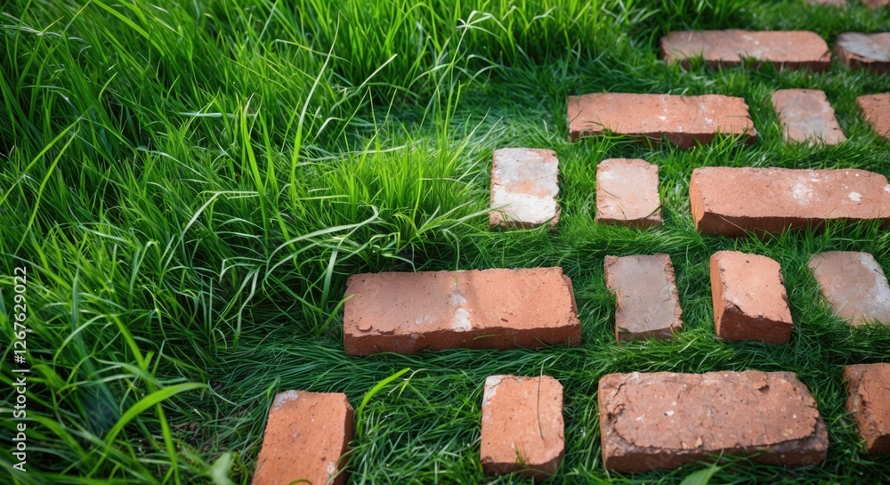 Poster brick footpath laid on lush green grass creating a serene natural pathway in a garden setting during