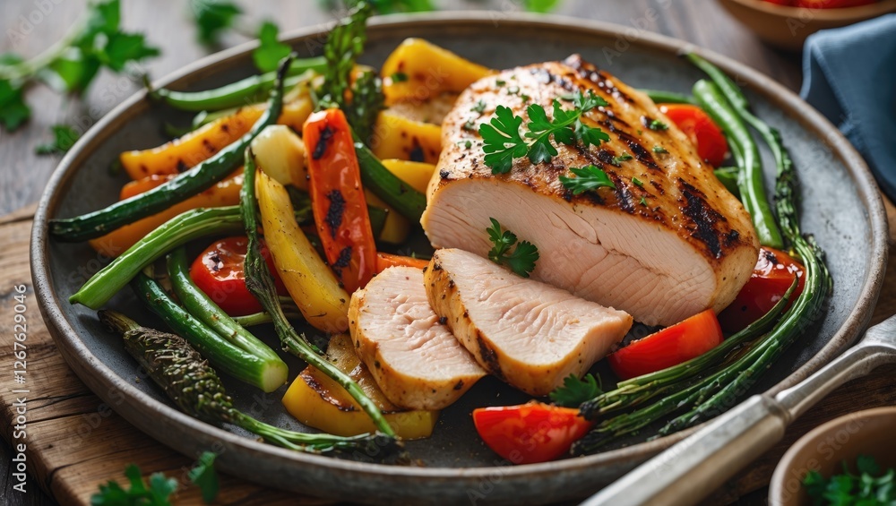 Poster grilled chicken fillet served with colorful assorted vegetables on a rustic plate ready for a delici