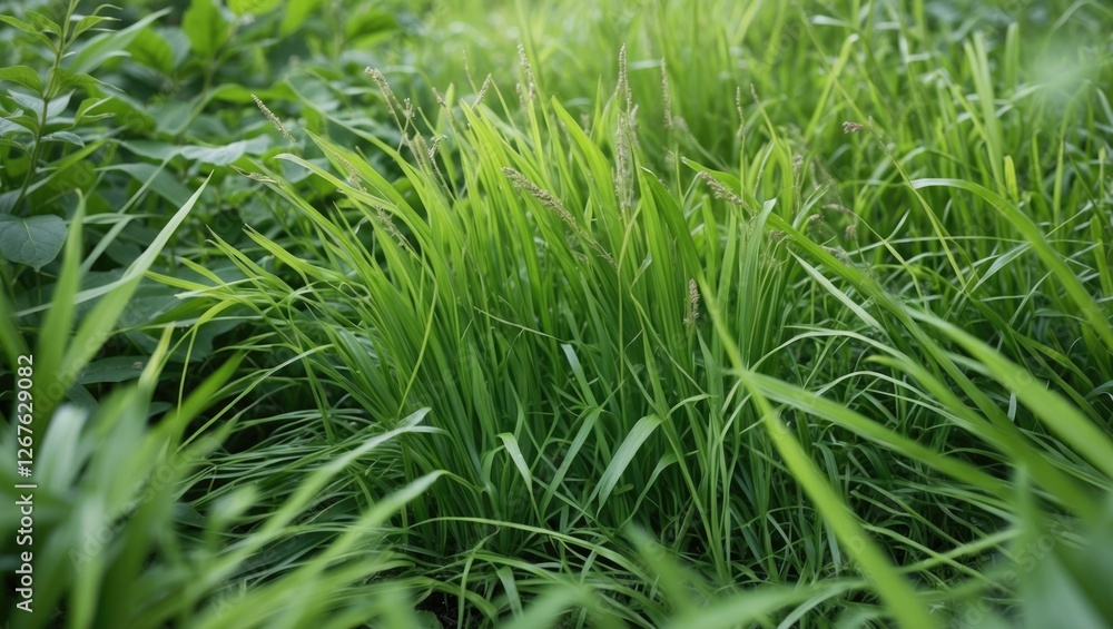 Aufkleber Lush green grass in a vibrant garden setting creating a natural and tranquil background for various design projects.