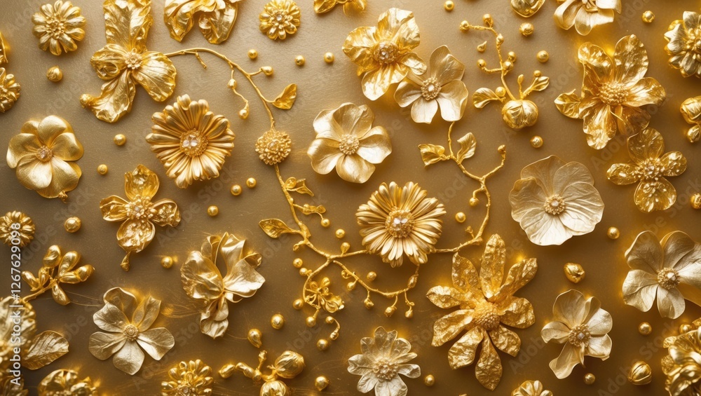 Aufkleber Elegant golden floral texture background with intricate designs and three-dimensional details for luxurious design projects.