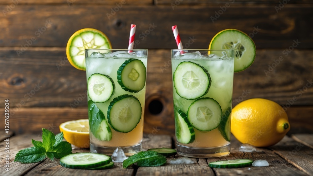 Poster refreshing cucumber lemonade in glasses garnished with mint on rustic wooden background