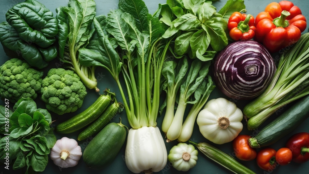Poster fresh organic vegetables assorted variety healthy eating with empty space for text background