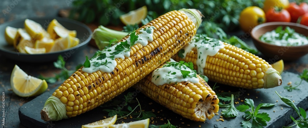 Poster grilled corn on the cob with white sauce and fresh herbs on rustic background ideal for vegetarian d