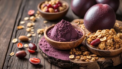 Fototapeta premium Acai Powder with Granola and Fresh Fruit on Rustic Wood Healthy Superfood Option Nutrient Rich Antioxidant Blend with Copy Space