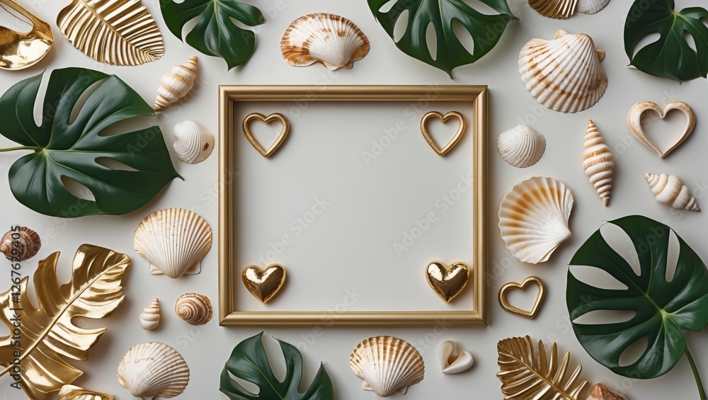 Poster gold monstera leaves and seashells with heart shapes in minimalist frame top view for elegant coasta