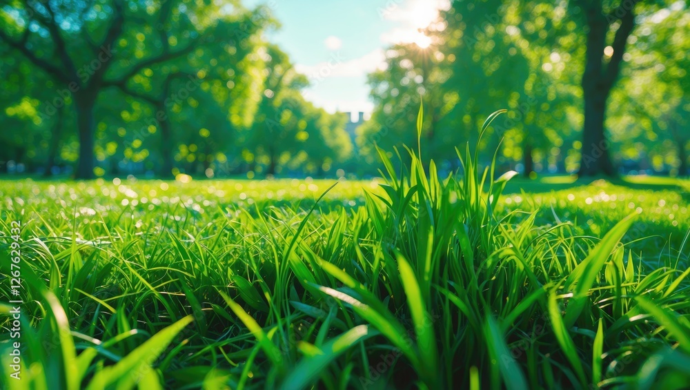 Poster lush green grass in sunlit park setting with trees and vibrant atmosphere during afternoon hours