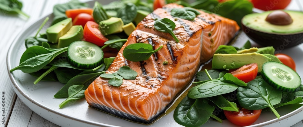 Poster grilled salmon fillet accompanied by fresh spinach, cucumber, tomato and avocado salad on a rustic w