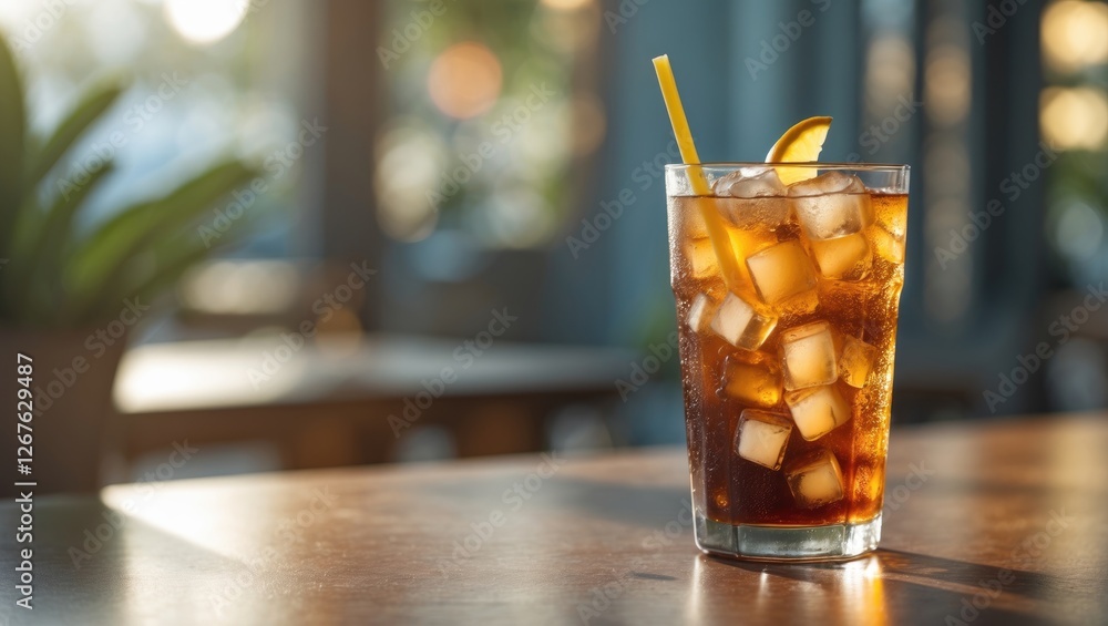 Poster refreshing iced tea with lemon slice and straw on table in sunlit cafe ideal for summer beverage pro