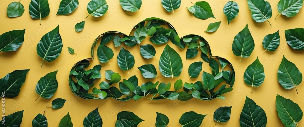 Poster green leaves forming raindrop cloud shape against bright yellow background with space for text weath