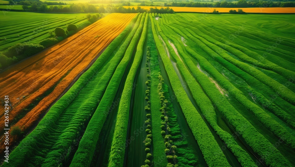 Poster aerial view of vibrant green fields with rolling patterns and contrasting colors in rural landscape