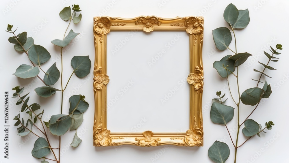 Poster golden frame with blank space surrounded by eucalyptus leaves on a white background for elegant gree