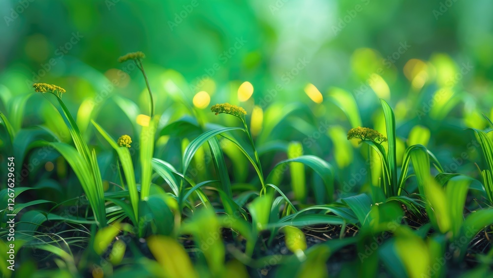 Aufkleber vibrant green abstract background with blooming grass and soft focus elements in nature landscape