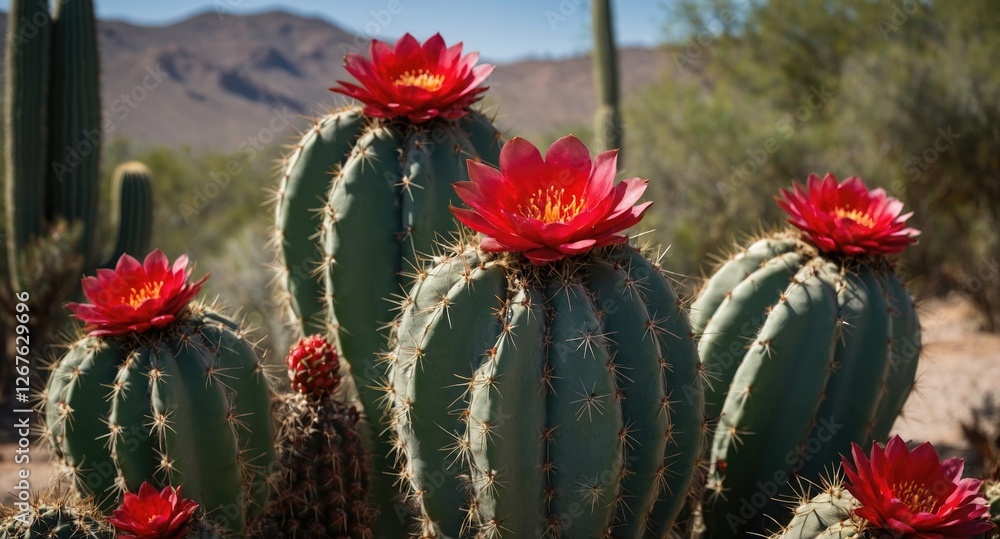 Aufkleber vibrant giant cactus with red flowers under bright sunlight and empty space for text in lush desert 