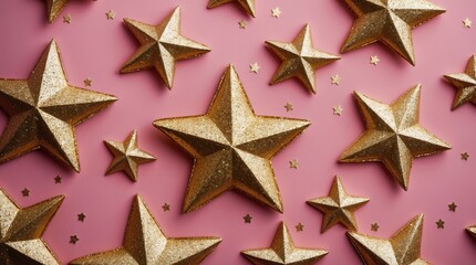 Obraz premium Glittering gold stars scattered on a vibrant pink background creating a festive and cheerful atmosphere for celebrations or marketing themes.