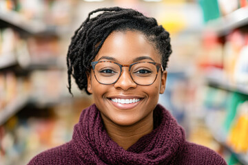 Smiling woman grocery store portrait photography indoor close-up happiness