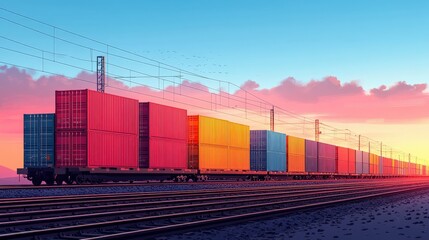 Fototapeta premium Vibrant sunset over a freight train carrying colorful shipping containers along railway tracks