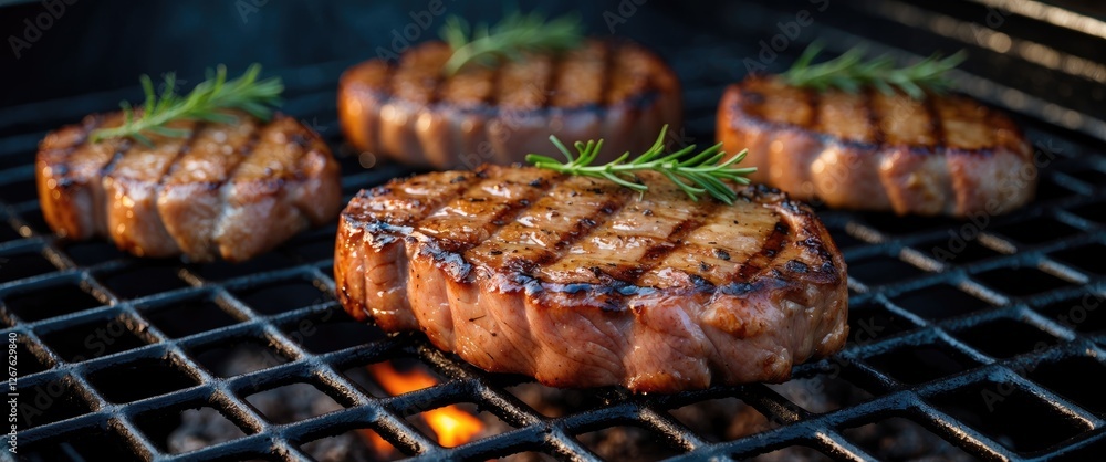 Poster grilled pork steaks on bbq grill with rosemary garnish and empty space for text in a natural outdoor