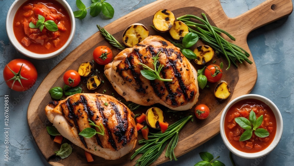 Poster grilled chicken breast with fresh vegetables and tomato sauce on wooden serving board top view with 