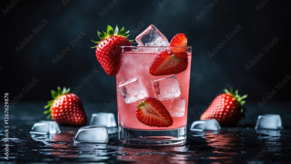 Poster strawberry drink with ice cubes surrounded by fresh strawberries on dark background perfect for refr