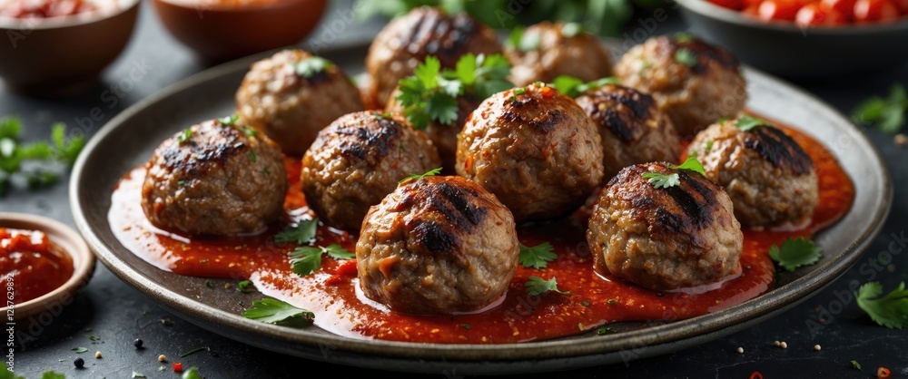 Poster grilled meatballs in spicy sauce on plate with fresh herbs and empty space for text in gourmet prese