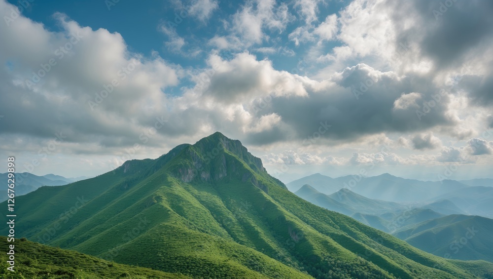 Poster majestic green mountain under cloudy sky with expansive copy space for text and nature background