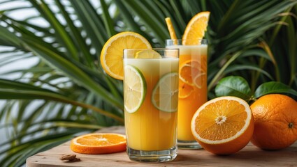 Fototapeta premium Refreshing Orange Juice Served in Glasses with Citrus Slices Surrounded by Fresh Oranges and Tropical Palm Background