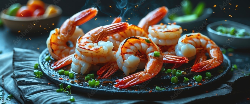 Poster grilled shrimp platter with fresh ingredients and empty space for text in a warm culinary setting