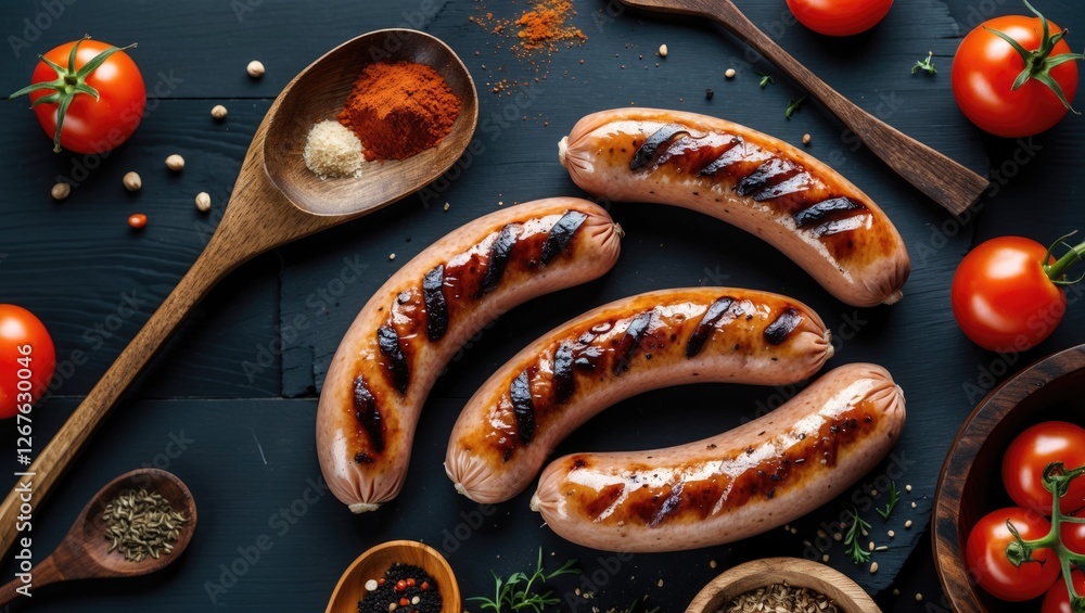 Poster Grilled sausages on dark wooden table surrounded by cherry tomatoes and spices creating a rustic culinary scene with space for text