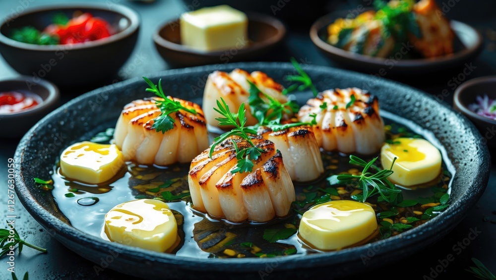 Poster Grilled scallops with butter and herbs served on a dark plate surrounded by garnishes and empty space for text in a stylish seafood setting.