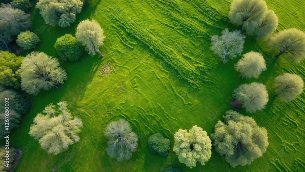 Aufkleber aerial view of lush green meadow featuring diverse tree formations and vibrant grass patterns in a s