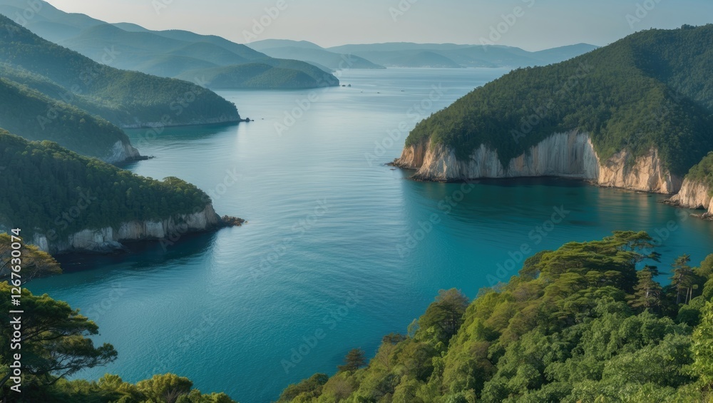 Aufkleber Stunning Forest View Overlooking Serene Blue Bays and Cliffs with Copy Space for Text and Marketing Needs in a Peaceful Natural Setting