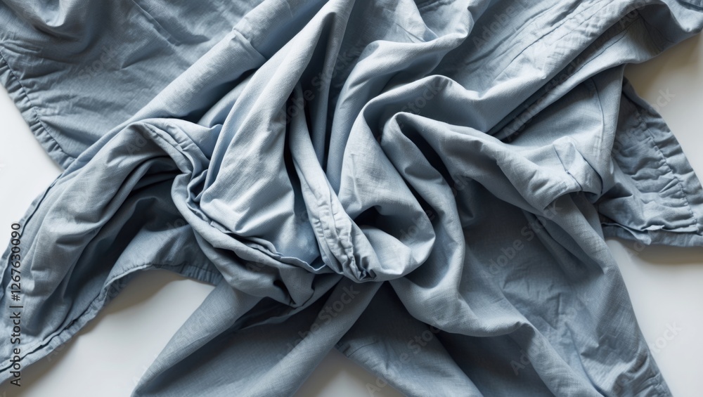 Poster crumpled grey cotton napkin on a white surface showcasing texture and fabric detail from a top-down 