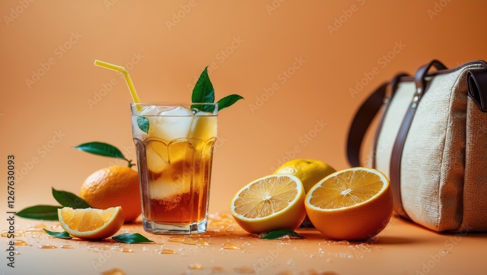 Poster iced tea with citrus fruits and a beach bag on a vibrant orange background evokes a refreshing summe