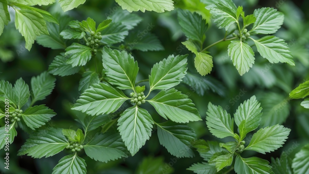 Aufkleber vibrant green star gooseberry leaves with rich textures and empty space for text overlay creating a 