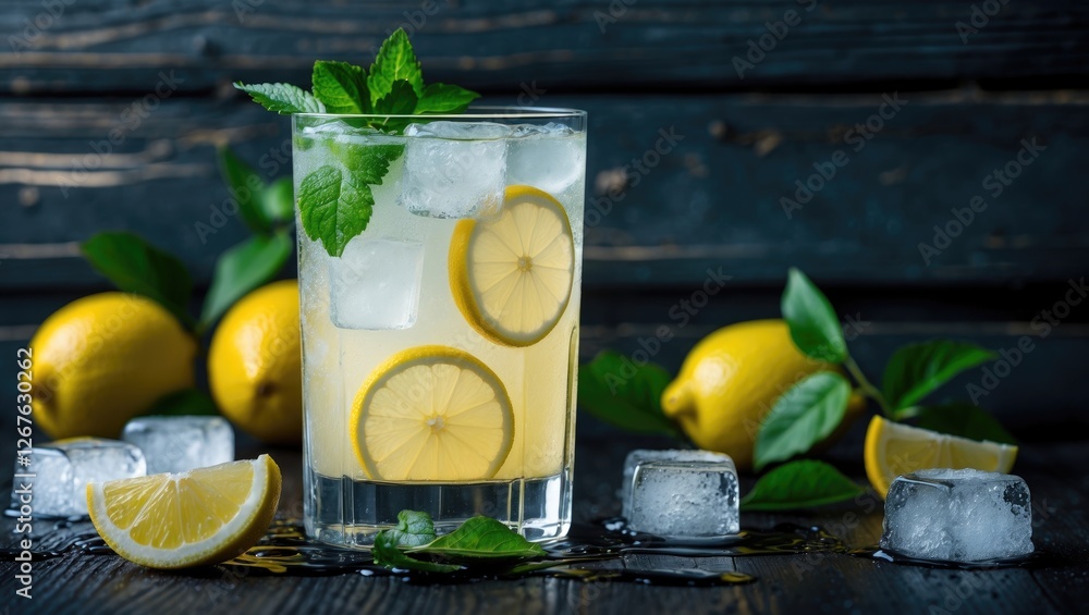 Poster refreshing lemonade cocktail with ice and fresh mint on dark wooden surface with lemons and ice cube