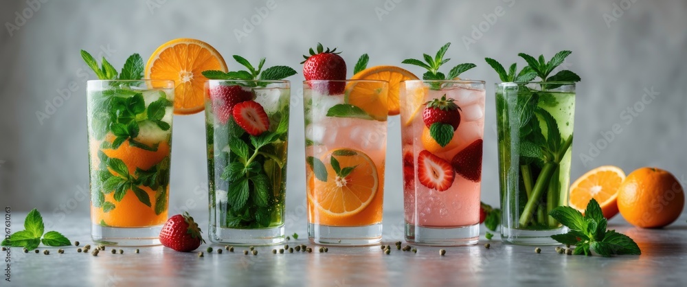 Aufkleber refreshing herbal citrus and strawberry drinks in glasses with mint garnish and copy space for text 