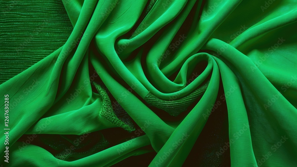 Poster Vibrant green fabric texture in elegant folds creating an abstract background ideal for design and creative projects.