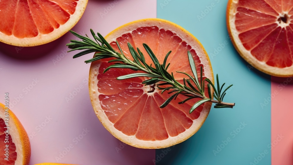 Poster grapefruit slice with rosemary garnish on colorful background vibrant mocktail close-up vertical ima