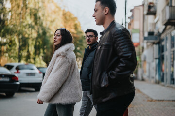 A group of friends walking down an urban street wearing stylish and chic outfits. The scene captures a casual outing with autumn trees and city surroundings providing a pleasant backdrop for the