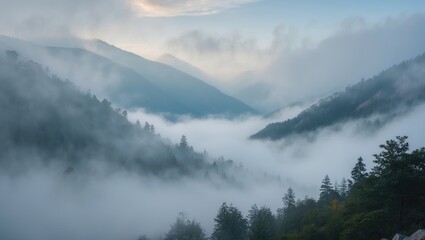Fototapeta premium Misty Mountain Landscape with Fog and Copy Space for Text Ideal for Nature Themes and Outdoor Promotions