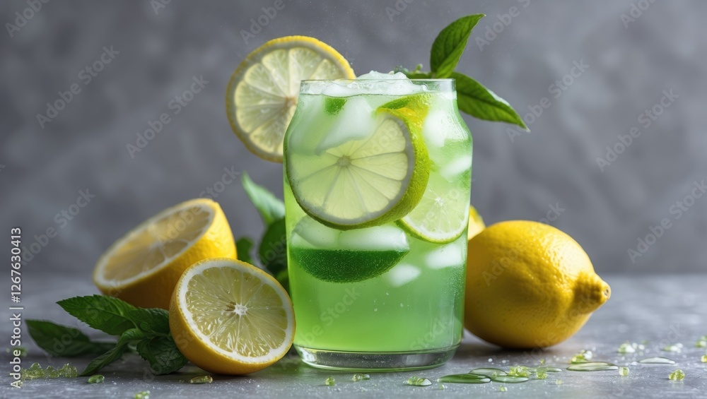 Poster refreshing green citrus lemonade garnished with fresh mint and lemon slices on a textured gray backg