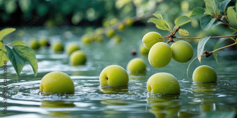 Poster Green plums floating on water surface with serene background and space for adding text or graphics, ideal for fresh and nature-themed designs