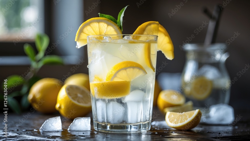 Poster Refreshing Lemonade with Fresh Lemon Slices and Ice in a Glass on a Rustic Table