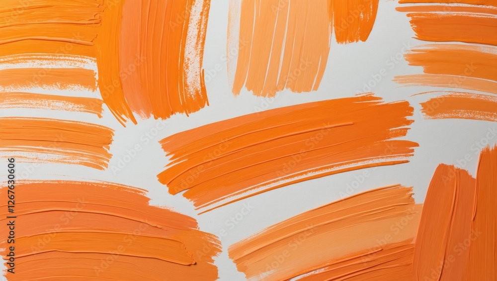 Poster Gouache painting texture with vibrant orange brush strokes creating an abstract background for artistic and design purposes.