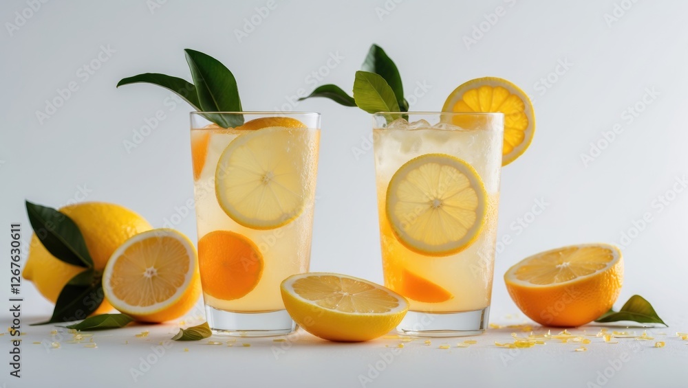 Poster refreshing lemonade and orange slices with fresh citrus on white background for summer drinks and he