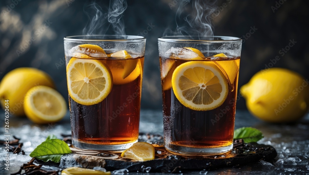 Poster refreshing iced black tea with lemon slices and steam on dark background surrounded by fresh lemons 