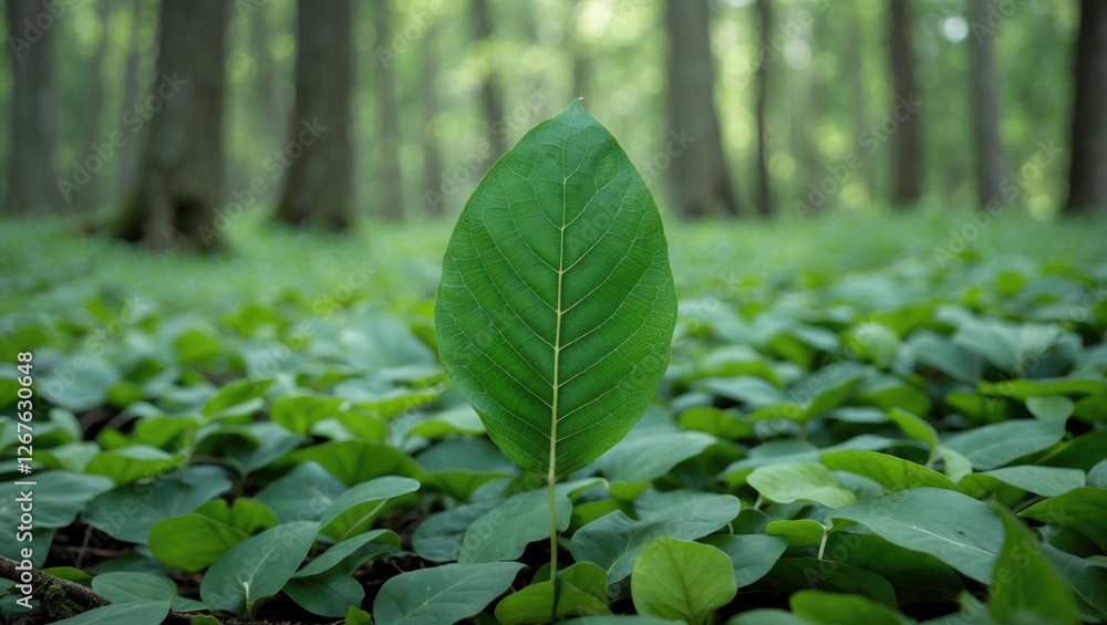 Aufkleber single green leaf standing amidst lush forest floor providing space for text and design elements in 