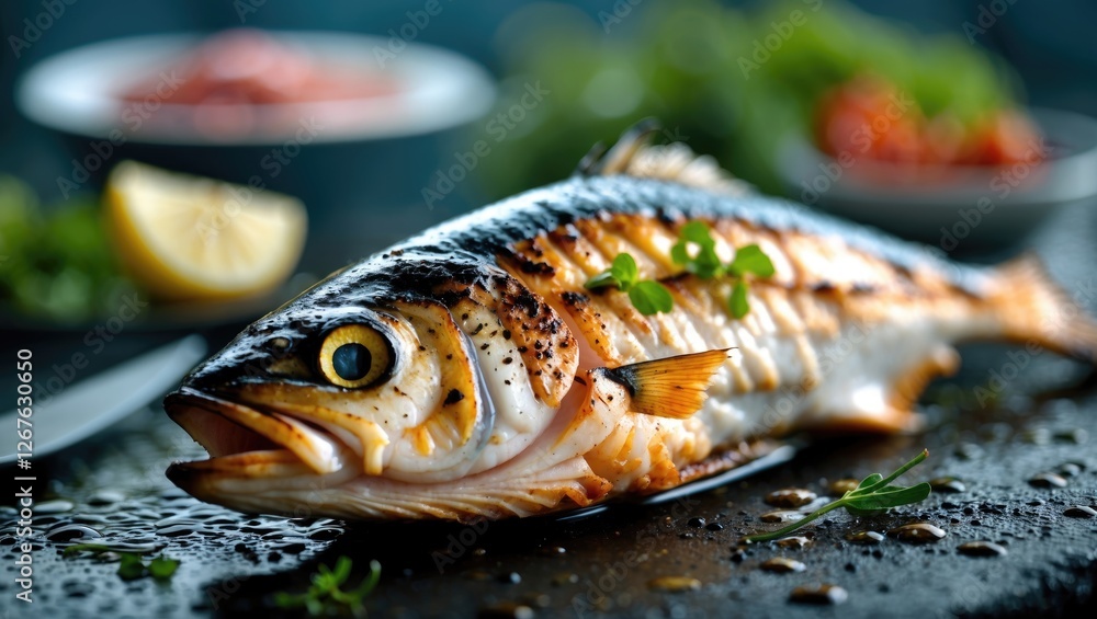Aufkleber grilled fish with fresh herbs and lemon on dark stone surface emphasizing healthy eating and culinar